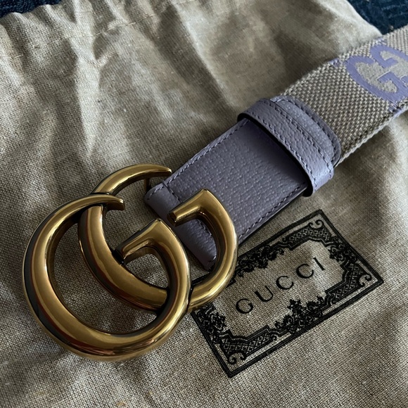 GUCCI GG PURPLE+BEIGE JUMBO CANVAS & LEATHER BELT Plus Size 105 + dust bag. - Picture 6 of 12